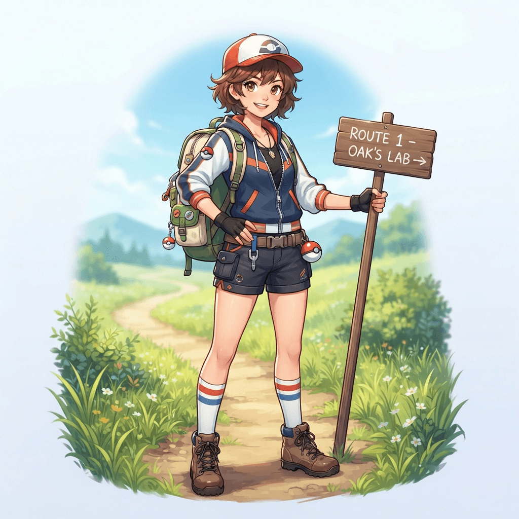 anime girl trainer with a red cap, short brown hair, sporty jacket and shorts, fingerless gloves, backpack, a small round ball clipped on her belt, standing alone on a bright grassy route with a wooden signpost, no creatures, full body
