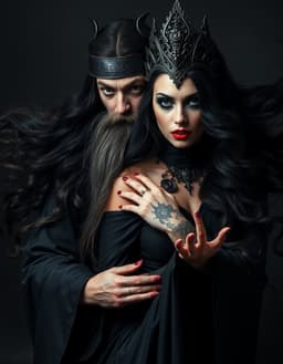 Dark fantasy, horror and dark magic, the high priest who has long black wavy flowing hair and high priestess in full costume, gorgeous costumes ready for all hallows eve. Hair and makeup done. Dynamic motion portraits, posing