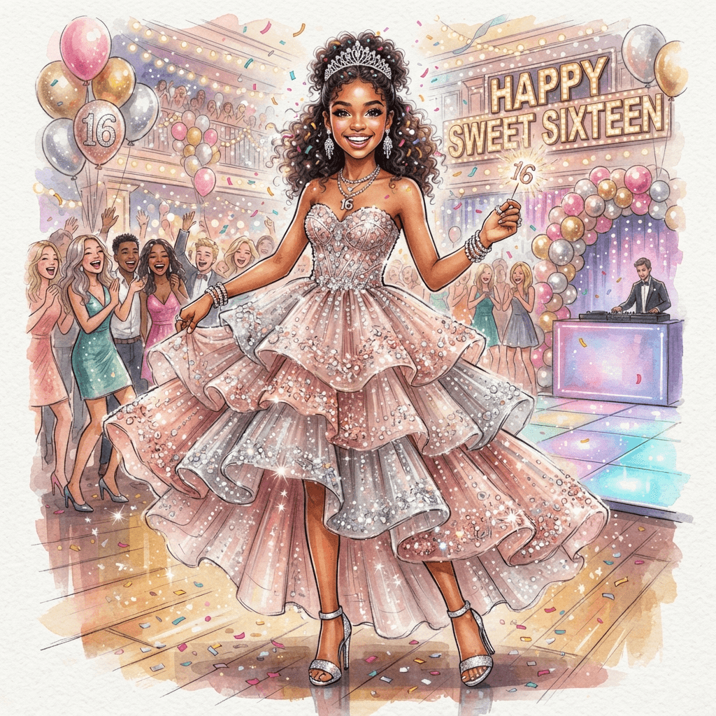 sweet sixteen fashion, tiered party dress, tiara, celebratory sparkle, styled with statement accessories, fashion illustration, full body