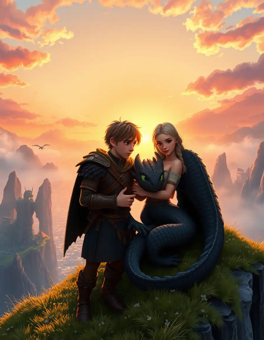 A highly detailed, cinematic fantasy illustration in the style of How to Train Your Dragon. A full shot of four characters: Hiccup Horrendous Haddock III, Astrid Hofferson, Toothless (the Night Fury), and the Light Fury, gathered together on a grassy, moss-covered cliff edge overlooking the beautiful, misty Isle of Berk during a magical sunset. The setting sun paints the sky in shades of warm orange, soft pink, purple, and gold, with the ocean sparkling below. In the foreground, Hiccup (wearing his brown dragon-riding leather armor) stands close to Astrid (wearing her leather armor and distinctive blue headband, her blonde hair partially braided). They are looking affectionately at each other, Hiccup gently holding Astrid's hand. Toothless, the jet-black Night Fury, is curled comfortably around them, his head resting peacefully near Hiccup's leg, his dark scales catching the warm sunset glow. Beside him, the elegant, white-scaled Light Fury is gracefully draped, her snout close to Toothless's, showing deep affection. Her shimmering, slightly pearlescent skin radiates the golden hour light. The composition is intimate and romantic, emphasizing the deep bond and love between the two humans and their beloved dragon partners. The background features the iconic rock formations and Viking village of Berk nestled in the valley, with other small dragon silhouettes flying in the distance. The lighting is natural, warm, and soft, creating a dreamlike, tender atmosphere. High quality, intricate textures on scales and leather, painted aesthetic with soft edges and strong depth of field.