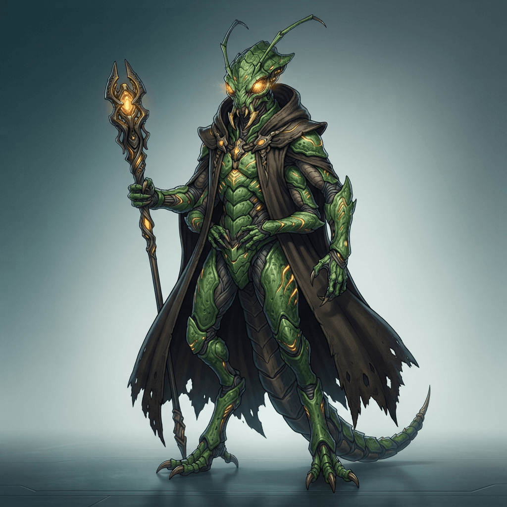 a tall insectoid alien character with green chitin armor plating, glowing amber eyes and a long dark cloak, full body original character design, clean soft gradient studio background, vibrant, crisp high detail, digital illustration, no text, no words, no watermark