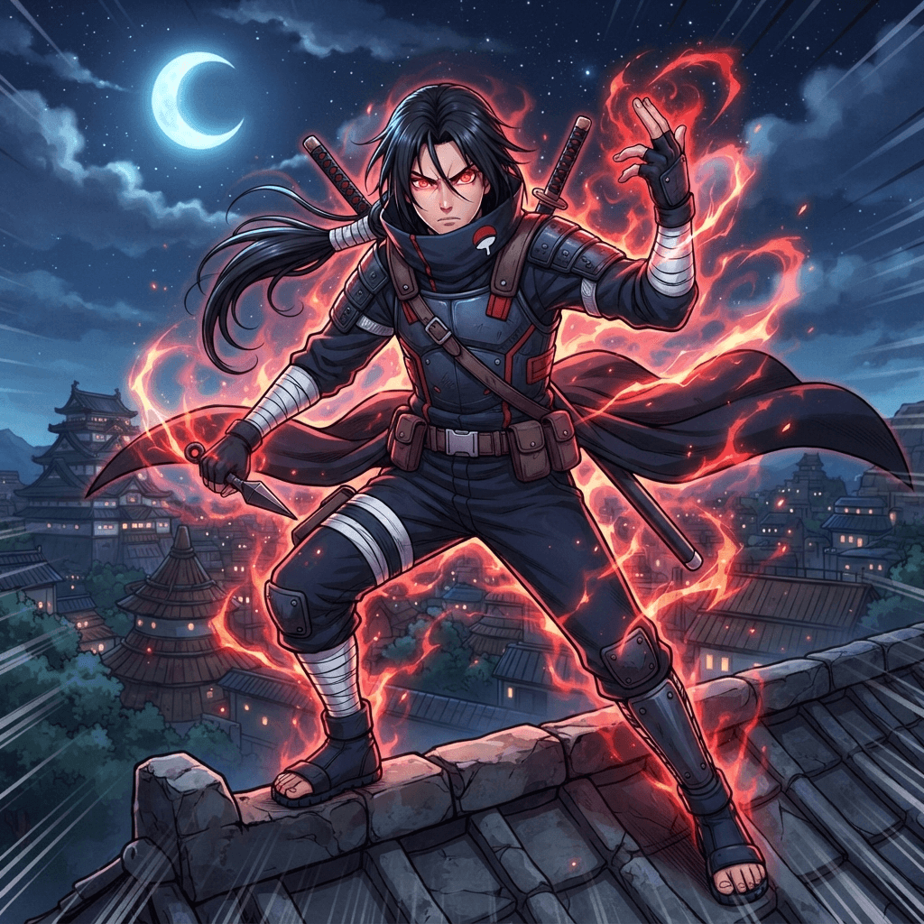 original Naruto style ninja, young man with dark ponytail, glowing crimson dojutsu eyes, fan crest motif, red chakra aura, digital illustration