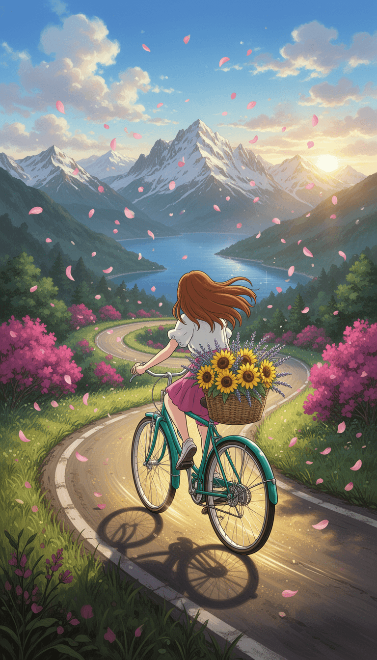 a vibrant and cinematic scene unfolds before our eyes, infused with the essence of a ghibli illustration. a stunning digital painting materializes, capturing the carefree spirit of a woman with long, chestnut-hued locks, riding a magnificent teal vintage bicycle down a serpentine mountain road.

the sun-gilded road, lined with lush emerald green grass and vibrant magenta flowering bushes, disappears into the hazy distance, beckoning the viewer to follow the winding path. as we gaze upon the scene, our eyes are drawn to the lush greenery and vibrant flora, with the tantalizing aroma of blooming flowers wafting through the air.

the subject of our gaze, the woman, sits poised atop the bicycle, her back turned to the viewer as she navigates the twisting road with the confident air of one who has traveled these paths before. her wicker basket, overflowing with bright sunflowers and delicate sprigs of lavender, sways gently to the rhythm of the road, releasing a sweet, floral fragrance into the breeze.

in the distance, a serene blue lake nestles at the foot of majestic, snow-capped mountains, their rugged grandeur softened by the gentle filtering of soft, fluffy clouds drifting lazily across the bright blue sky. pink flower petals dance and twirl through the air, like fleeting ballerinas performing a joyful ballet.

as we take in the breathtaking scene, the atmosphere is infused with a deep sense of peace, underscored by the soft, golden light of the setting sun, casting a warm, comforting glow over the entire landscape. smooth shading and detailed line work converge to create a dynamic, yet serene composition that embodies the heart and soul of a ghibli illustration, while the bold outlines and expressive character design pay homage to the anime and manga style.

with each stroke of the digital brush, the painter's skilled hand imbues the scene with a sense of movement and energy, capturing the carefree spirit of the windblown woman as she glides effortlessly down the mountain road, her bright, shimmering bicycle and lush surroundings transformed into a vibrant celebration of the joys of exploration and the beauty of life's simple pleasures.