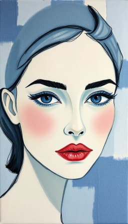 modern abstract painting of a very pretty woman, kandinsky art style, with a tactile felt embroidery layer over the abstract, soft wool texture, muted blue accents, subtle shadowing, icy blue muted palette, cool pastel tones, subtle gradient wash