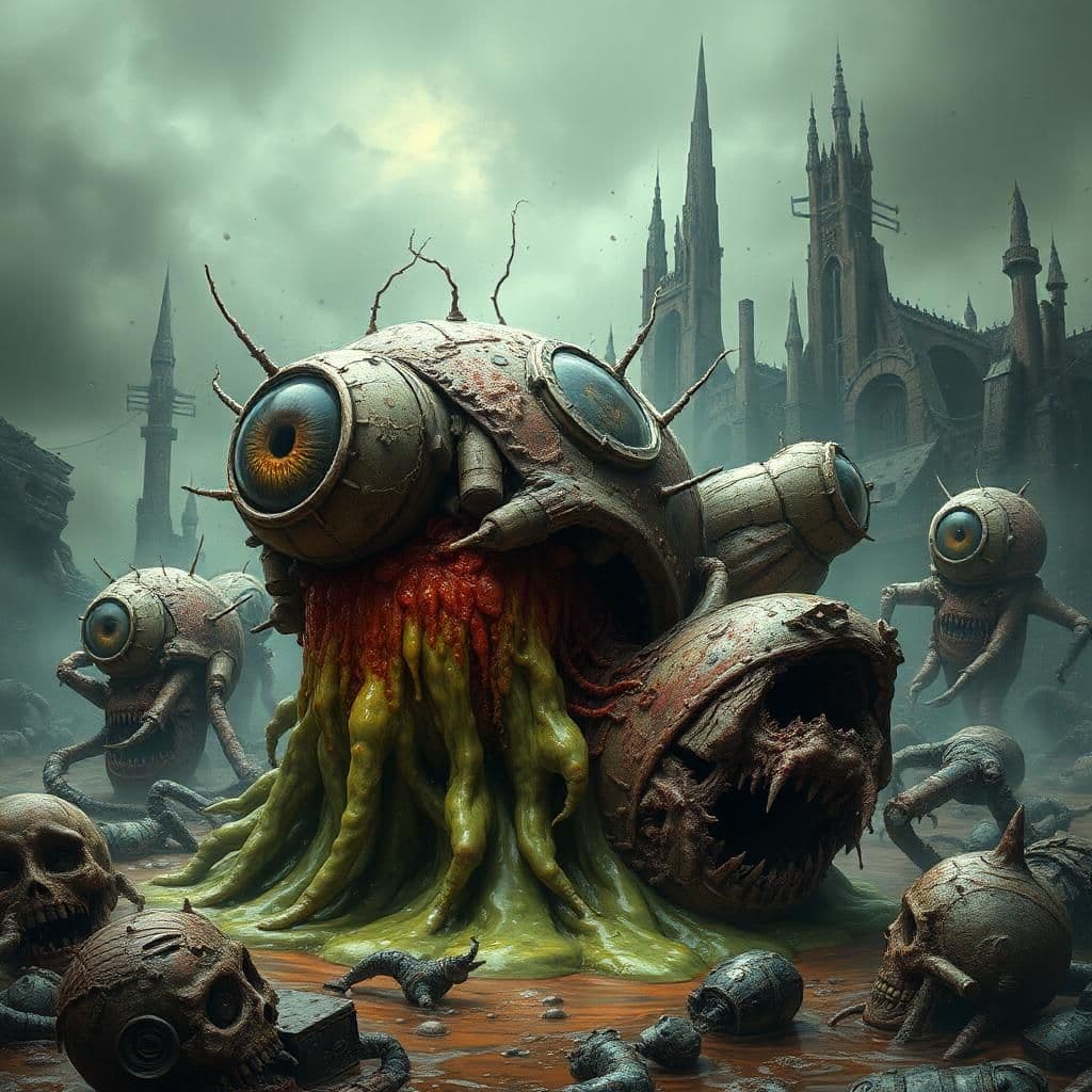 a stomach-churning scene erupts: decayed bodies ooze a gut-wrenching torrent of festering slime, revealing ravaged mechanical cores riddled with rusty splinters and twisted wires. eyeballs explosively degenerate, spraying caustic bubbles and acid rain. 

misshapen abominations spasmodically vomit noxious wastewater, while a deluge of fetid filth inundates the landscape. decaying, bloated carcasses feverishly convulse in stagnant blood-rusted oceans as twisted monstrosities writhe in a squalid, grimy morass. 

everything radiates extreme revulsion and loathing, with faces grotesquely distorted, bulging with pus, and bodies rapidly decomposing in a sickening, fatal haze. crumbling, nightmarish structures pierce the sky amidst this macabre environment, shrouded in a suffocating quilt of cancerous, venomous fumes.

disembodied limbs thrash wildly, severed fingers grasping for moribund flesh. 

the overall scene could be depicted in a grotesque, unsettling style reminiscent of the works of zdzisław beksiński with heavy use of dark colors and exaggerated textures.