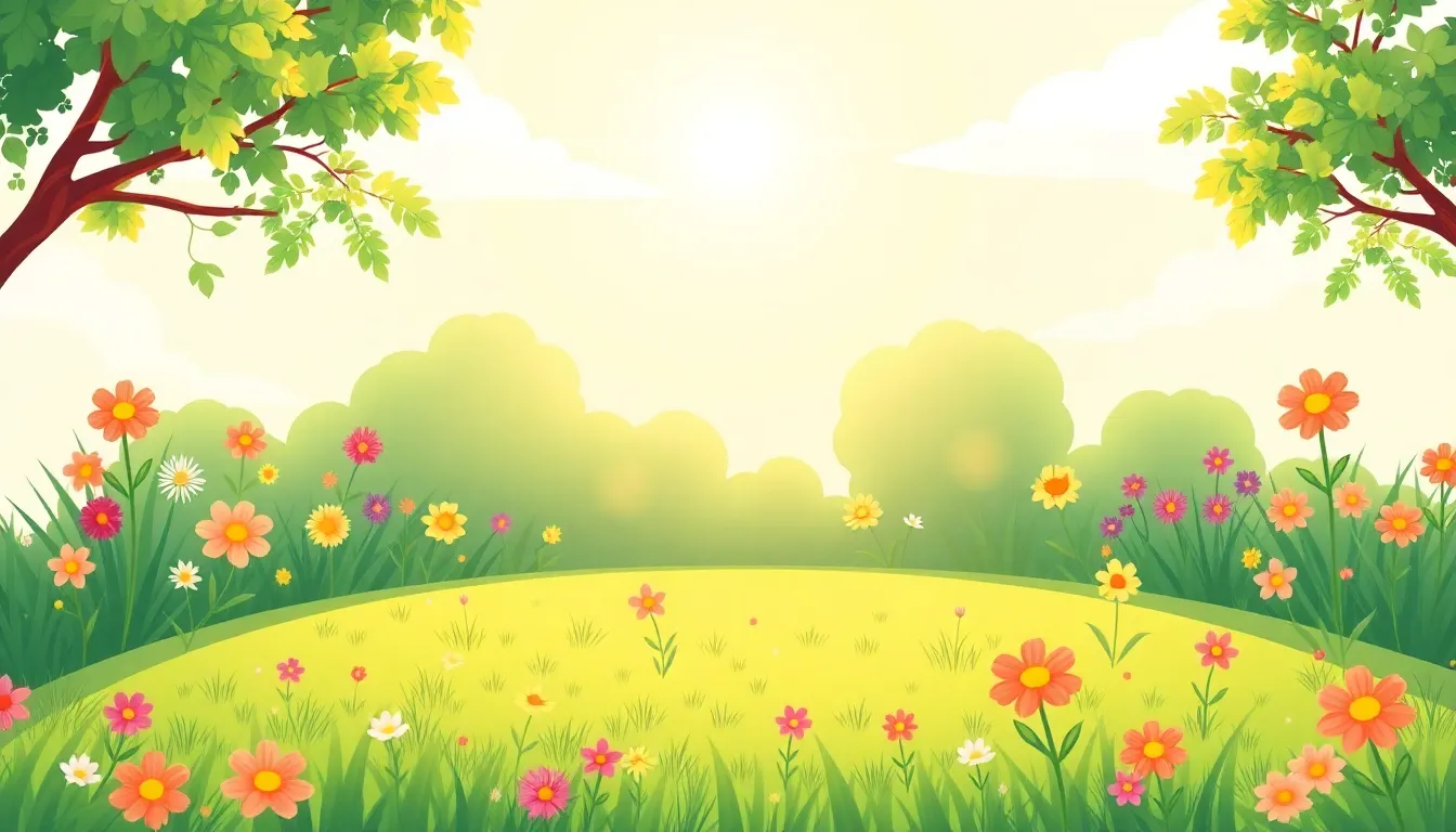 Bright cheerful garden, green grass, colorful flowers, warm sunlight, peaceful environment, soft sky, open space in center for characters2D cartoon background, clean vector style, flat colors, soft lighting, kids animation style, high consistency, no characters, empty space for character placeme