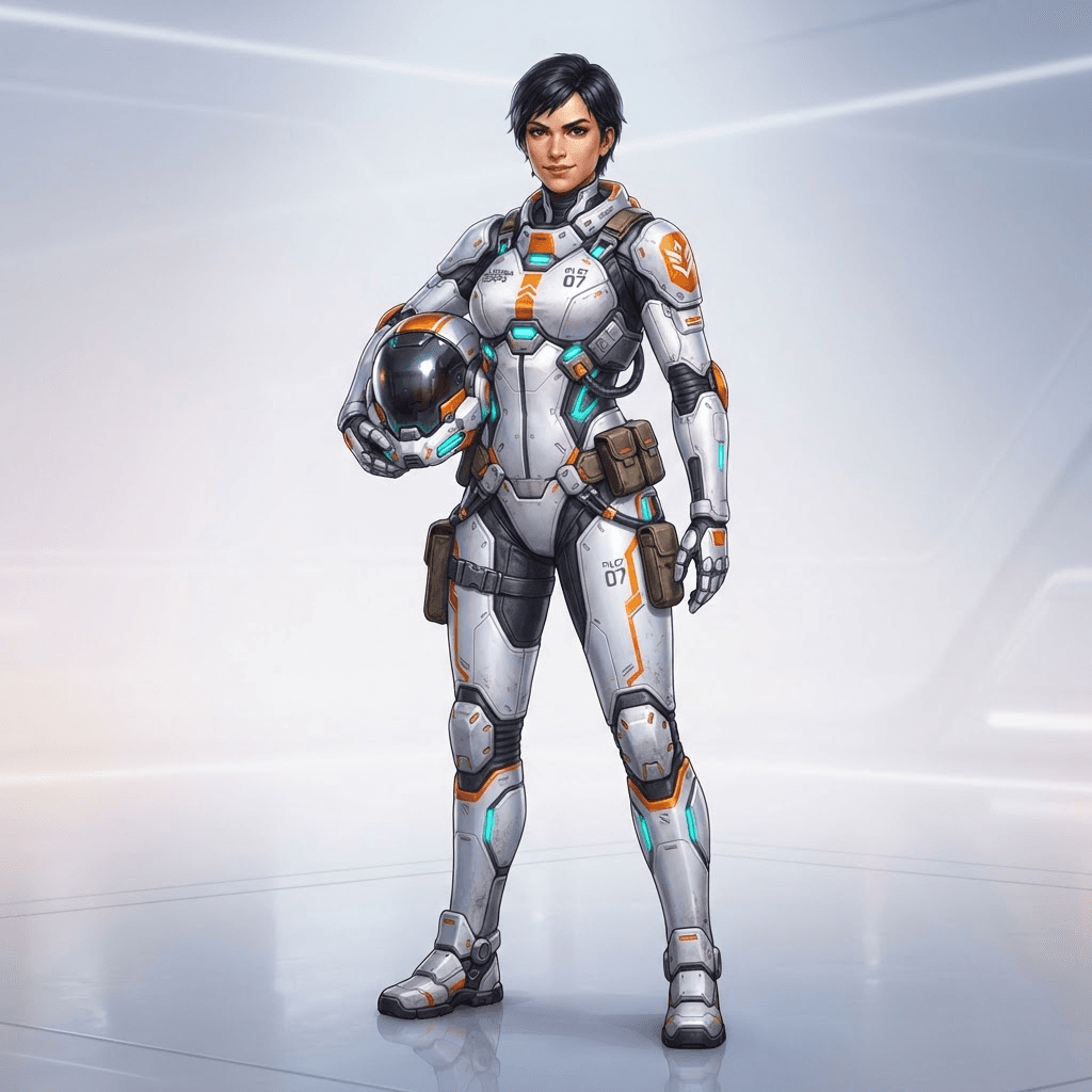 full body original sci-fi character, sleek white and orange exosuit pilot, helmet under arm, standing pose, clean soft gradient studio background, vibrant, crisp high detail, digital illustration