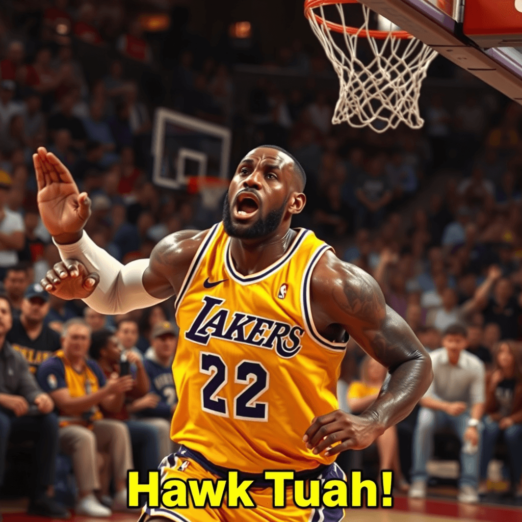 The camera pans across the tense NBA court. Fans roar as Lebron James, in his vibrant Lakers jersey, charges towards the hoop. Sweat glistens on his determined face as he yells "Hawk Tuah!" His eyes lock on the net, determined to score. Defenders scramble to block him. The scene is cinematic, every detail captured in 4k clarity, emphasizing the intensity of the game. Small screen captions with yellow text pop up at the bottom, declaring "Hawk Tuah!" in bold against a black background, mirroring the electric energy of the moment.