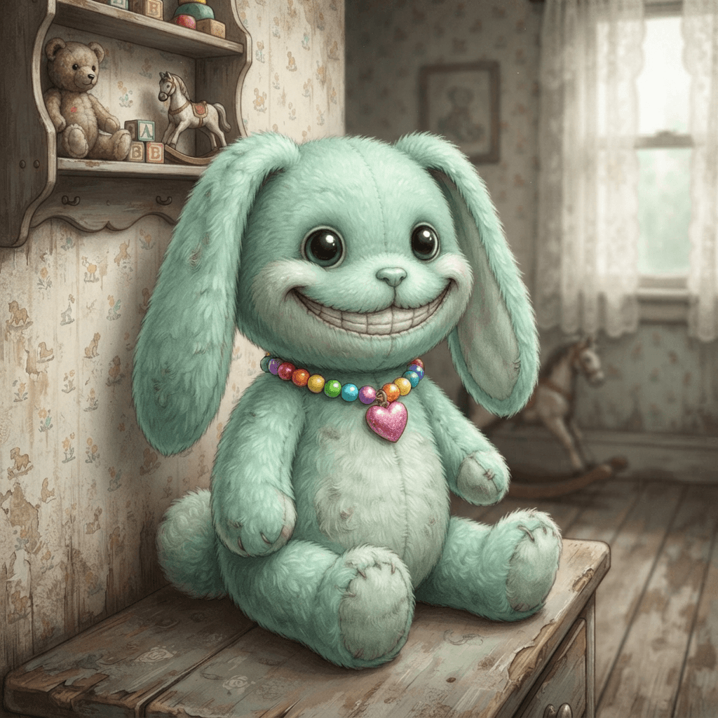 plush toy bunny mascot with a wide frozen smile, pastel mint fur, floppy ears, rainbow bead necklace with a heart charm, cute but a little unsettling, soft cartoon style, old nursery room with faded wallpaper