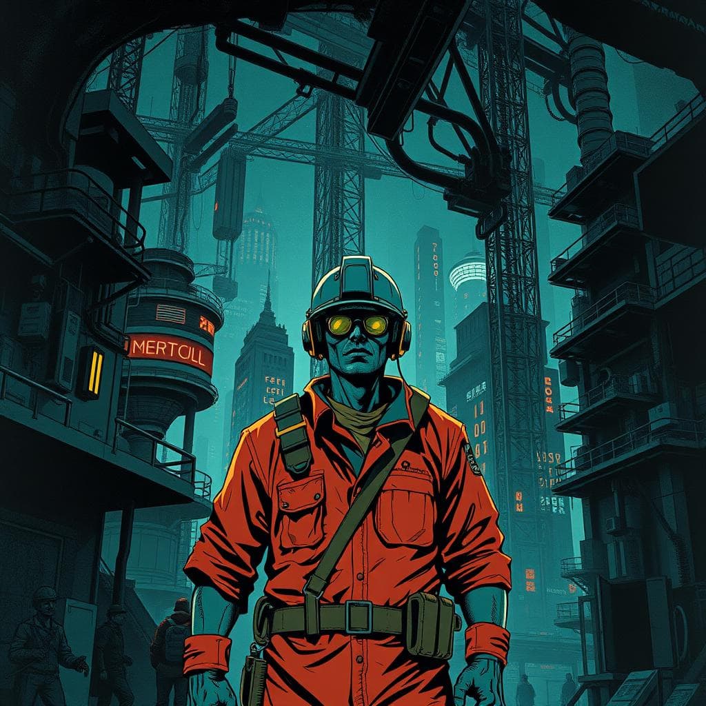 a constrctuion worker, a sci-fi Noir post-futuristic scene of a city underbelly, caves of steel, robotic humanoids, isaac, uncanny, Asimov book cover style of Michel Whelan and Masamune Shirowm, high quality, premium, matt, hans, aesthetic, graphic novel, ghost in the shell and akira,