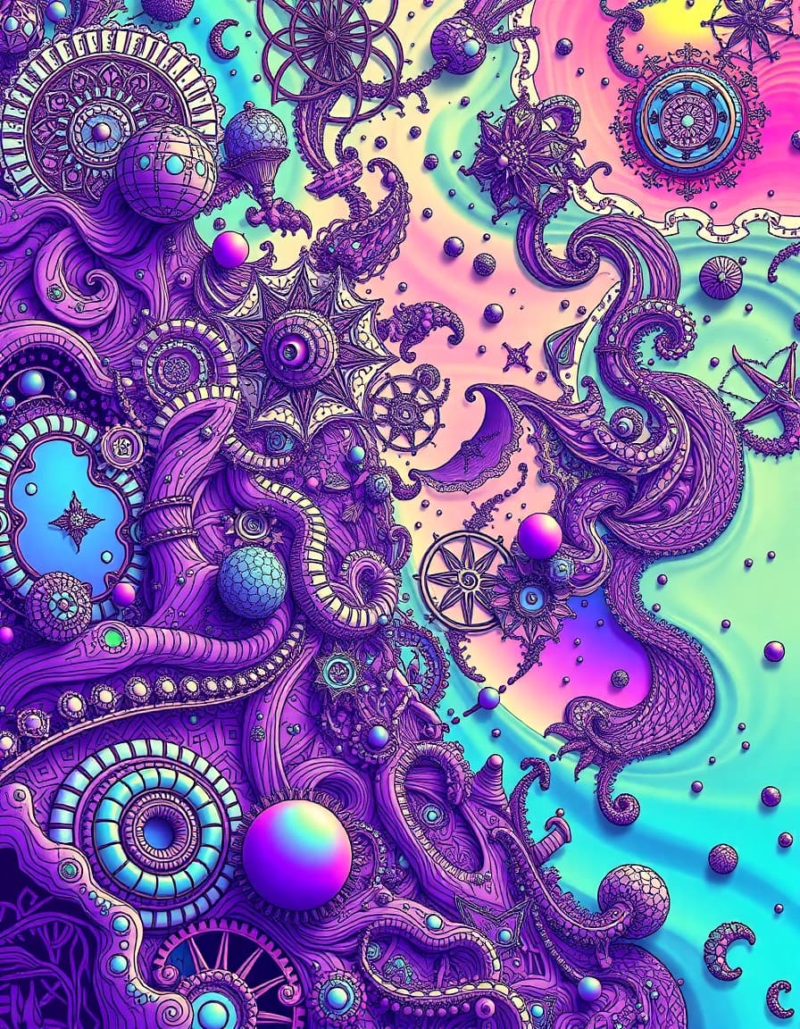 a dreamlike landscape of intricately woven zentangles blends with objects seamlessly into one another. the scene is set against a canvas of bold, neon hues and iridescent gradients. swirling fractals and organic shapes dance across the screen in hypnotic, dreamlike patterns. the boundaries of reality and fantasy blur as high-contrast outlines amplify the sense of movement and depth. intricate details and symbols are woven into the pattern, inviting the viewer to unravel their meaning and immerse themselves in a world that defies the natural order.