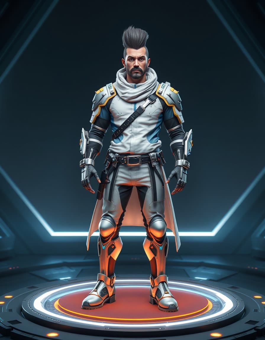full-body futuristic male bounty hunter character, stylized 3D game render, white and blue armored streetwear with metallic cybernetic gauntlets and shin guards, mustache and high pompadour, standing on a glowing circular platform, dark hexagonal sci-fi backdrop, centered front view, dramatic studio lighting, clean sharp details, cool blue and warm gold accents
