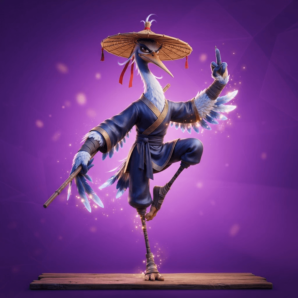 original anthropomorphic crane bird kung fu master character, white and blue feathers, wide brimmed straw hat, graceful one legged martial arts stance, full body, stylized 3D animated movie render, vibrant purple gradient studio background, crisp high detail, no text, no words, no watermark