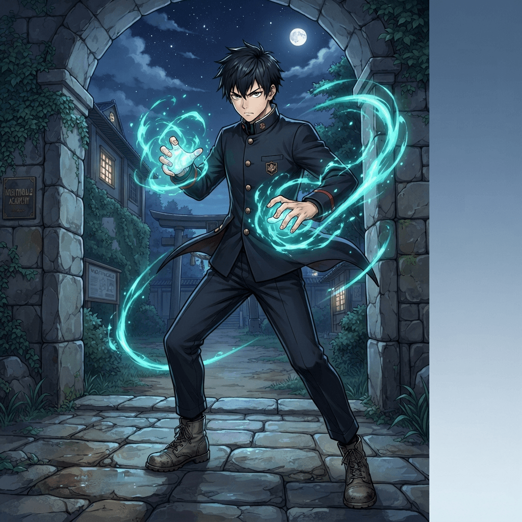 male teen sorcerer, full body, dark navy high collar school uniform jacket, swirling teal cursed energy around his hands, short black hair, sharp eyes, sharp modern anime line art, night school courtyard with stone walls