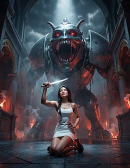 in a mythic, foreboding cyber‑punk royal chamber awash in iron blues, volcanic reds, and storm grays, a high‑angle wide shot captures a kneeling samurai woman in a white mini‑dress, blade poised aloft, while robomonster looms behind her, its massive metallic shoulders framing a terrifying open jaw, metal teeth flashing and echoing through the gloom; shafts of light pierce the gloom, incense smoke curls, and gilded arches faintly linger beneath monumental shadows under a storm‑heavy sky.
