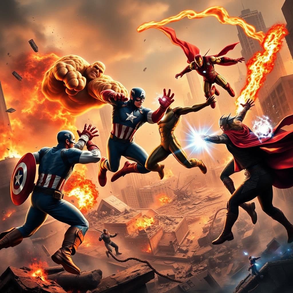 An epic battle scene between the Fantastic Four and the Avengers in a devastated cityscape, illuminated by fires and energy blasts. Captain America clashes with The Thing, their fists colliding with immense force. Mister Fantastic dodges Iron Man’s repulsor blasts, stretching his body around the attacks. The Human Torch races through the sky, leaving a fiery streak as he faces off against Thor, who swings Mjolnir. The Invisible Woman counters Doctor Strange’s spells with her force fields, both radiating energy as they try to overpower each other. The battle is chaotic yet balanced, with each hero’s abilities on full display, creating a visually stunning composition.
