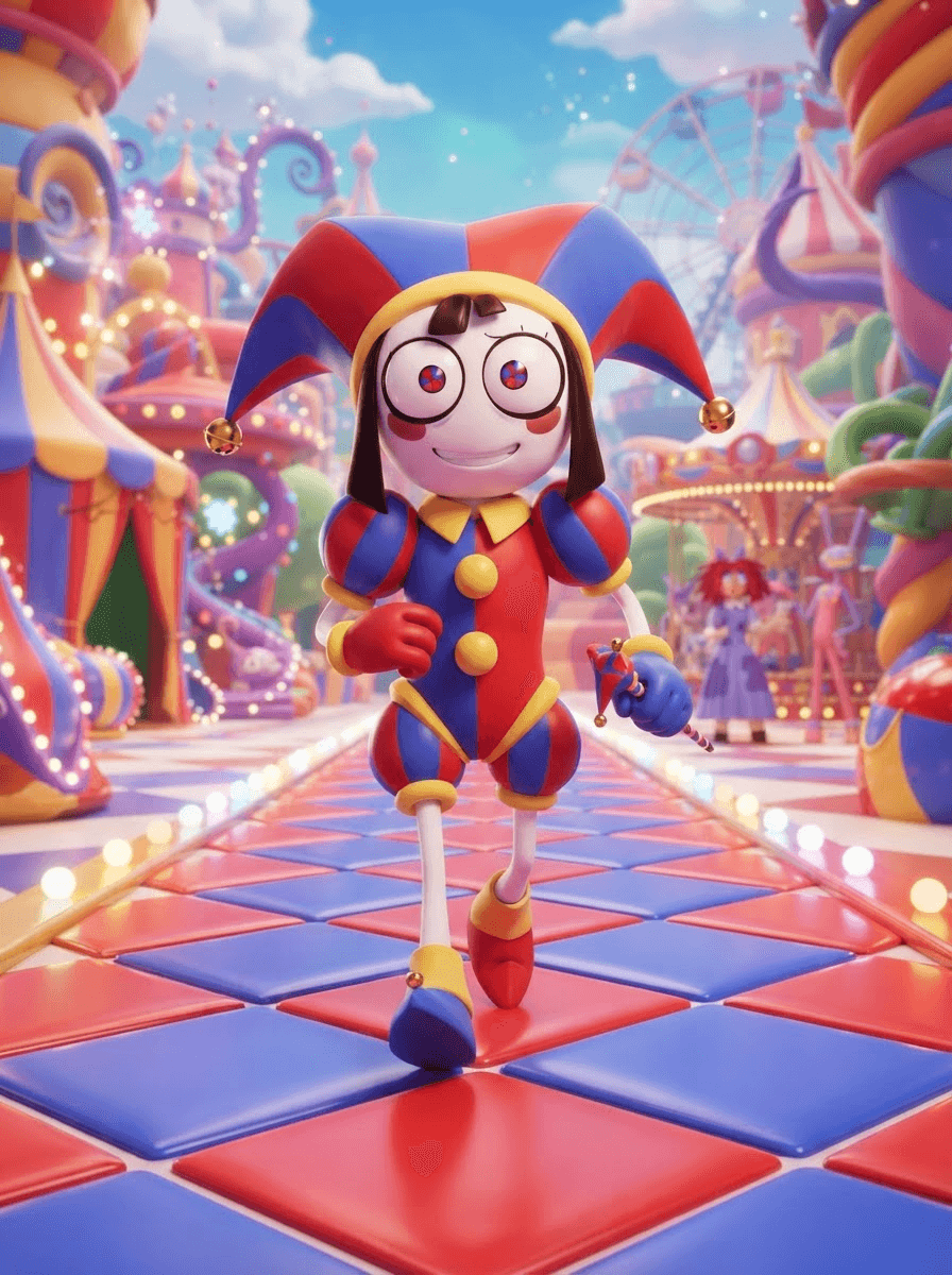 Pomni from The Amazing Digital Circus, jester harlequin outfit with red and blue diamond pattern, tall jester hat with bells, walking down a bright checkered circus path, phone wallpaper composition, glossy 3D circus style, polished expressive 3D animation, bright colorful Amazing Digital Circus environment, no text, no logo, no watermark