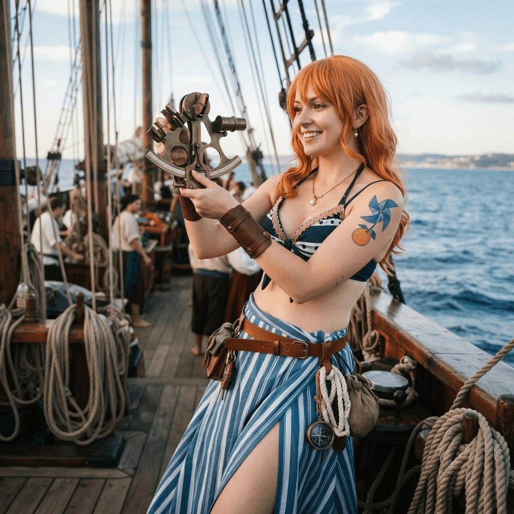 an orange haired navigator in a bikini top and wrap skirt with a pinwheel tattoo on her arm, cosplay portrait, waist up, detailed costume