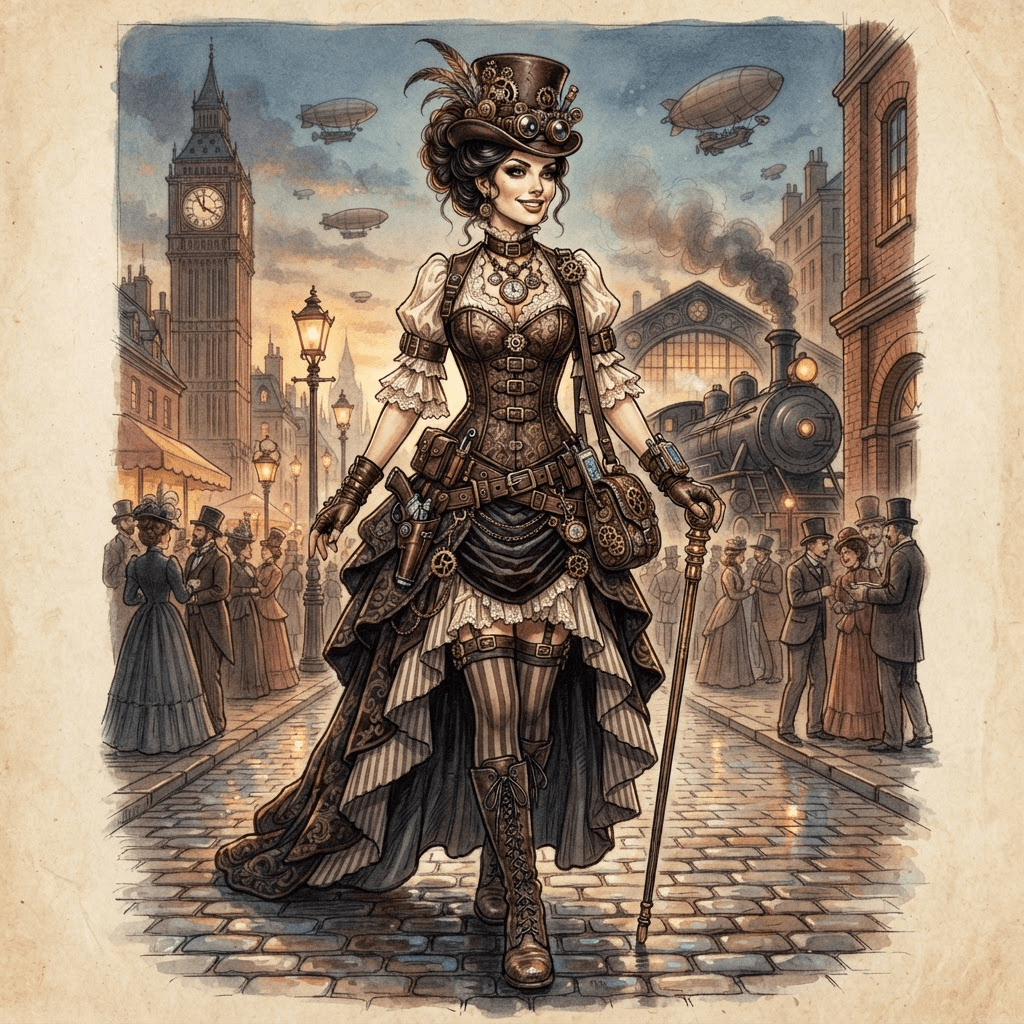 steampunk fashion, brass goggles, corseted bustle skirt, gears and leather straps, styled with statement accessories, fashion illustration, full body