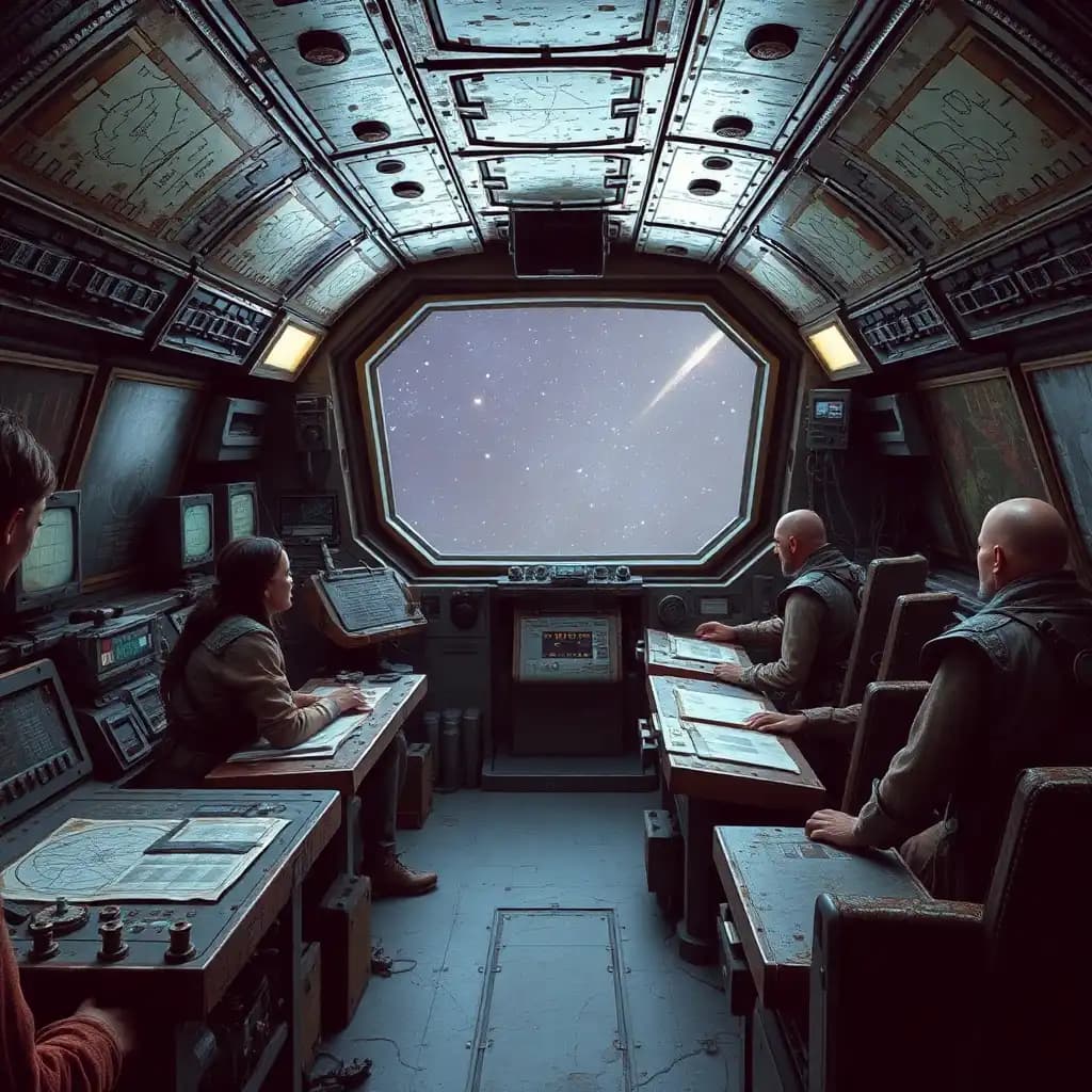 Inside the control room of a space pirate ship, the atmosphere is tense and chaotic. Pirate crew members, wearing a mix of tattered clothing and armored gear, work at various stations, monitoring star charts and tracking enemy ships. The control panels are old and worn, with flickering lights and patched-up machinery. Through the large viewport, the vastness of space can be seen, with distant stars and passing comets. The ship's interior is filled with rough, utilitarian furnishings, and the hum of the ship’s engines is constant in the background.