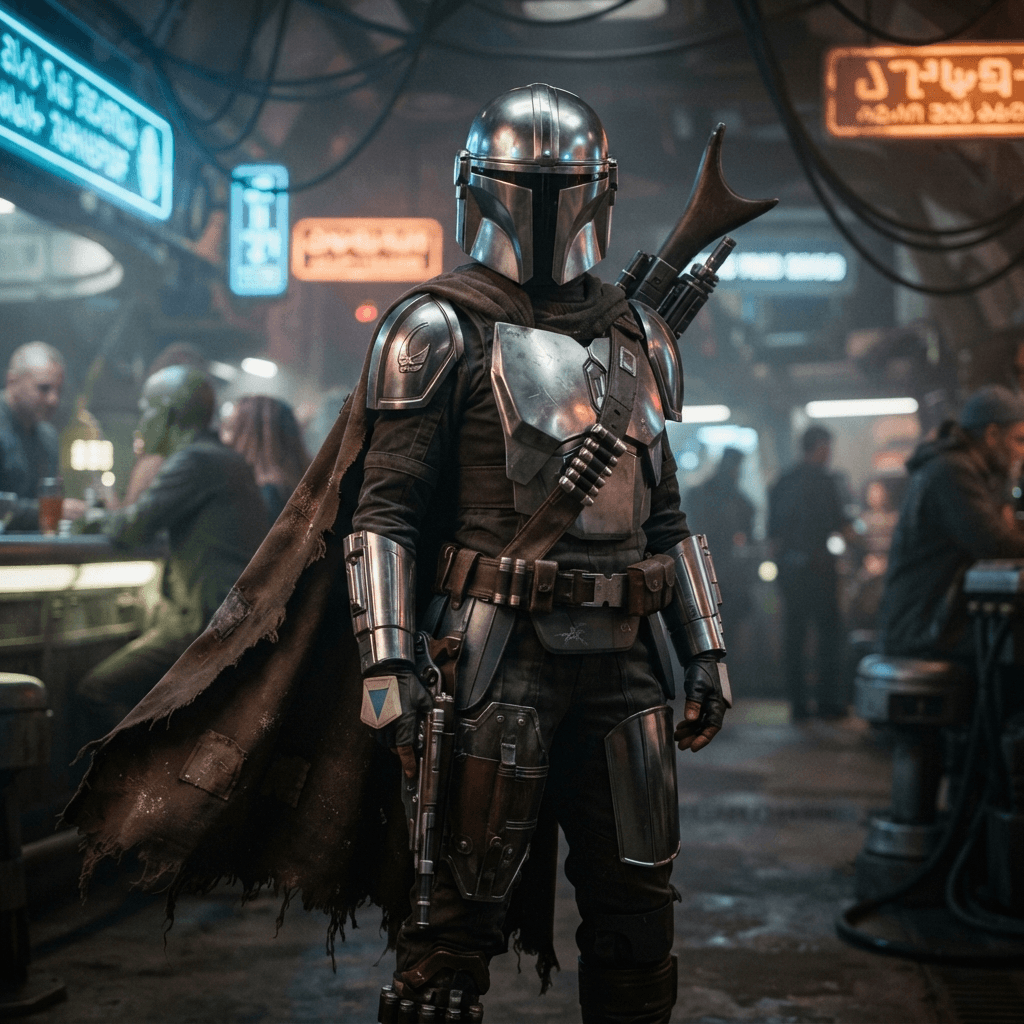 a sci fi bounty hunter in polished silver plate armor with a smooth visored helmet and a weathered cape, cosplay portrait, detailed costume