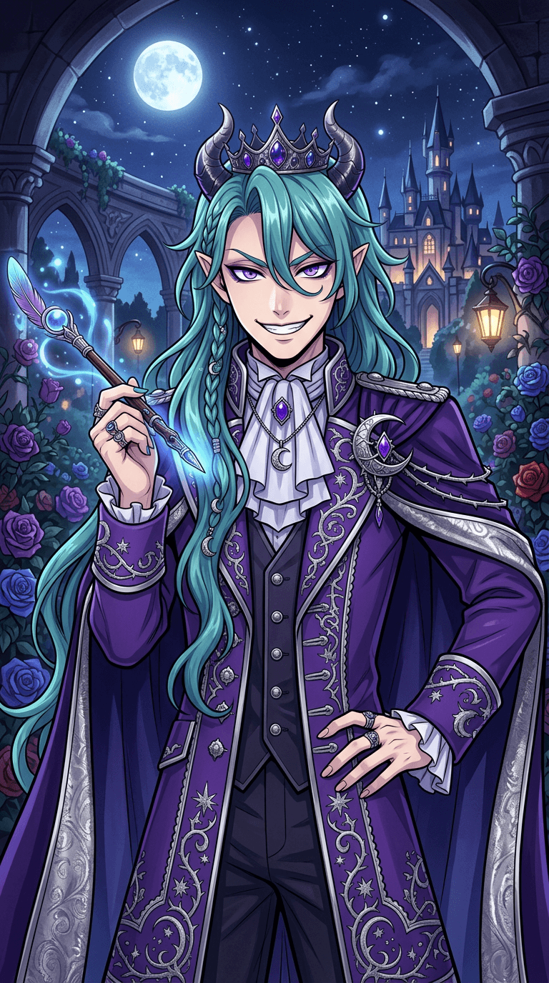 Original character in the art style of the Twisted Wonderland mobile game: a mischievous anime student with long teal hair and a small horned crown, purple and silver dorm uniform with a cape, holding a glowing magic pen, moonlit rose garden of a magic academy behind, polished otome-game illustration with crisp line art and rich jewel tones. Portrait framing from the waist up, face in the upper third of the frame, one character only. No text, no logo, no watermark.