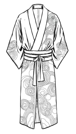 kimono rendered as a detailed coloring-book illustration with bold, smooth black ink outlines only, no color or shading, on a clean white background. the garment’s folds and patterns are defined by uniform linework and clear closed shapes, suitable for kid-friendly coloring, with a cracked mirror effect superimposed over the illustration. hand-drawn ink style emphasizes high contrast black on white, flat 2d vector-like lines, with no textures, gradients, or shadows.