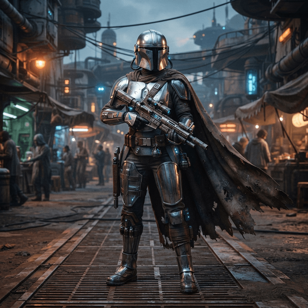 a sci fi bounty hunter in polished silver plate armor with a smooth visored helmet and a weathered cape, cosplay reference, full body, standing portrait