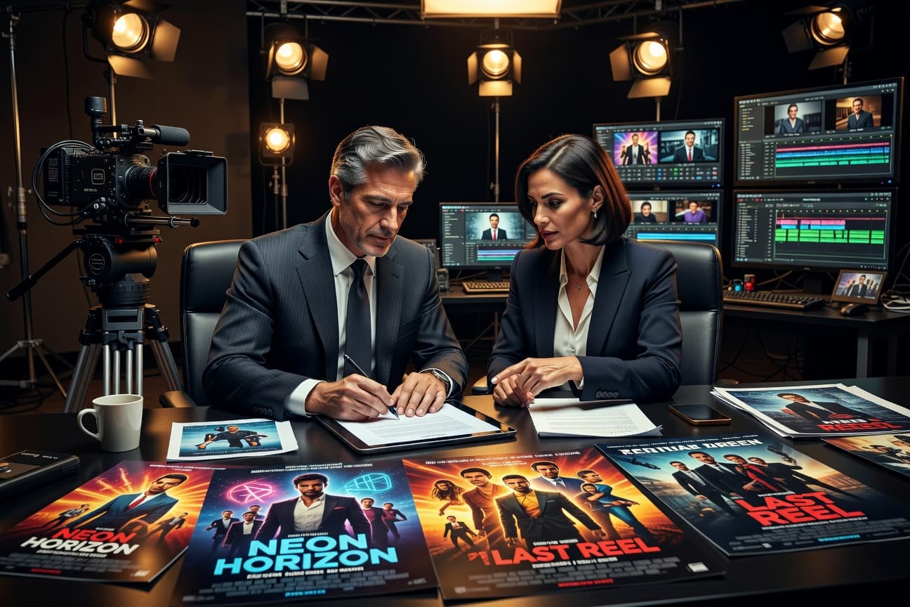 two film industry professionals reviewing movie posters and signing a film distribution deal on a tablet, cinematic studio environment with cameras, lights, and editing monitors, warm dramatic lighting, professional film business atmosphere, suitable for movie industry marketing poster