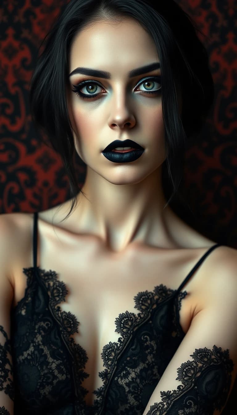 Style: (sparse, minimal, atmospheric, photorealistic, realism, graphic, illustration, vibrant, black lace,gothic victorian background)

Adult goth vampire pale Woman 30s, black eye shadow, black lips, interesting character study portrait; intimate

8k, acclaimed, artistic