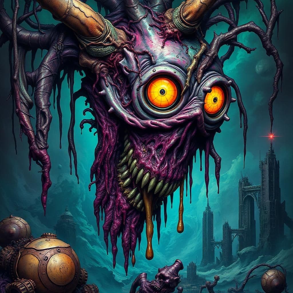 vomit-inducing, grotesque abomination. 

festering, purple-black flesh hangs in tattered, mangled strips, dripping pus and rancid grease. 
rotted, splintered bones protrude, like shattered tree branches, clogged with congealed filth. 
rusted, screaming gears shred through pulsing, iridescent slime, hemorrhaging acid and bile. 
eyes explode in a cataclysm of color, spewing razor-sharp rainbows that shred the air. 
the blood-black ocean vomits forth a noxious, churning morass of entrails and putrid organs. 
faces dissolve into sickly, dripping gelatin, skin hanging like macabre drapes, revealing heaving, yellow fat. 
limbs contort in involuntary, twitching spasms, gasping in a toxic, eye-searing haze. 
twisted, nightmarish skyscrapers weep putrid, bile-green ichor, their steel exteriors corroded to a dull, bloody sheen. 
skeletal figures writhe in convulsions of agony, their bony frames snapped and shattered like twigs. 
a ghastly, jaundiced moon casts a sickly glow over this ravaged, beksinski-esque hellscape, as if an unseen eye is scrutinizing this very horror. 
everything is alive, diseased, decaying, horribly, sickeningly – eternally screaming in a maelstrom of unending torment, putrid stench, pain, agony, death.