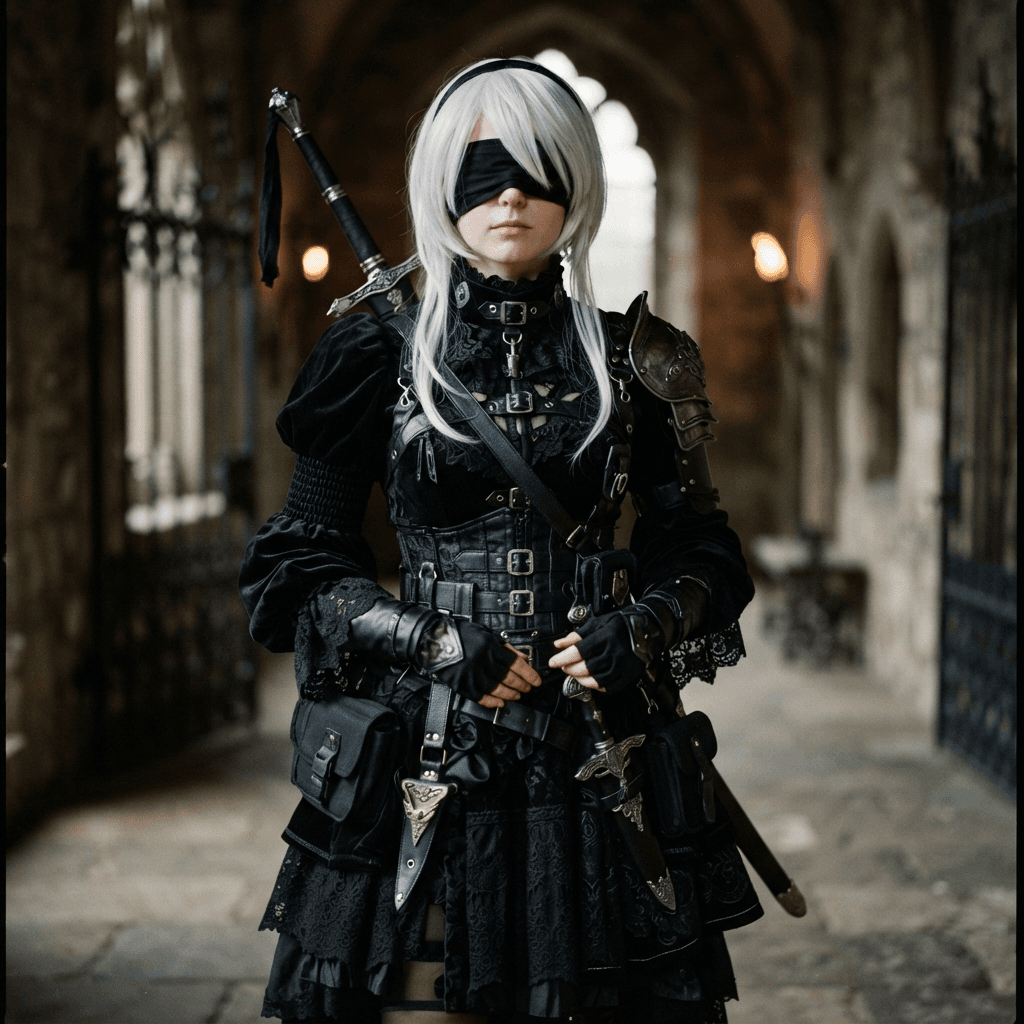 a white haired figure in a black gothic combat dress with a black blindfold and long puffed sleeves, cosplay portrait, waist up, detailed costume
