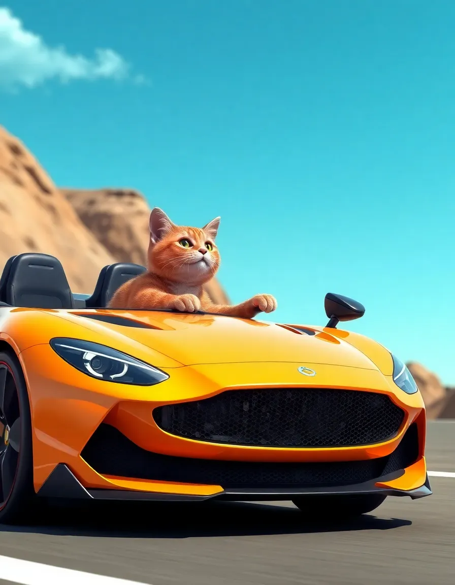 cat driving sports car full view or car3d