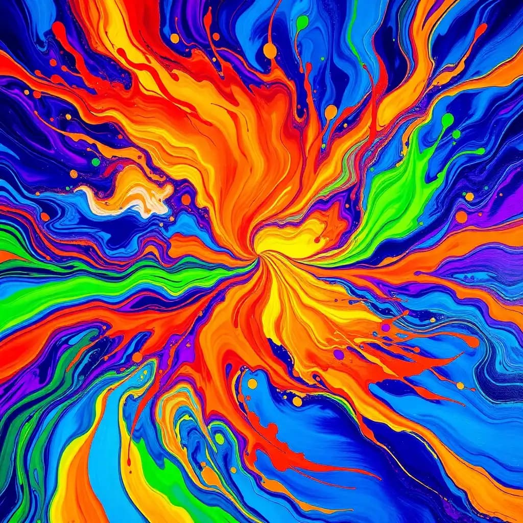 A mesmerizing explosion of swirling colors and bold textures, creating a hypnotic dance of motion and chaos. Vivid blues and fiery oranges crash against each other like waves, while streaks of neon green and deep violet seem to twist and dissolve into the canvas. The paint appears to be in motion, as though the entire piece is breathing and shifting with each passing second. Shapes emerge and fade—a fleeting glimpse of a human face, the suggestion of a distant cityscape, a swirl that resembles a cosmic galaxy—before blending seamlessly back into the abstract form.