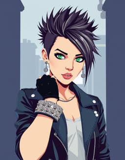 female punk rocker with hazel green eyes, spiked hair, leather jacket and studded bracelets adorned with sparkling glitter reflecting off the metal, wearing black fingerless gloves, set in a frayed rooftop alley, stands prominently in flat vector style using pure geometric shapes, uniform color regions and crisp, mathematically consistent curves, with minimal abstract shadows as simple planes, high but controlled saturation, clean color hierarchies of pale blues, off‑white and silvery tones, smooth lines and flat colors create a terminal serenity mood with quiet, evenly lit atmosphere and subtle directional shading.