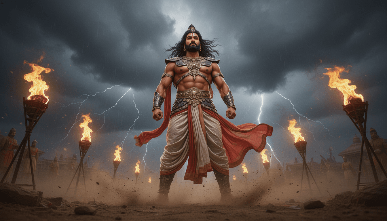 Ashwatthama standing tall under stormy sky, taking revenge oath, strong warrior posture, muscular Indian body, dhoti and kavach moving in wind, fire torches burning around him, dark clouds and lightning in sky, dust blowing, cinematic low angle shot, dramatic lighting, epic Mahabharata feel, ultra realistic 8k””, Indian mythology Mahabharata era, no western elements, 8k”