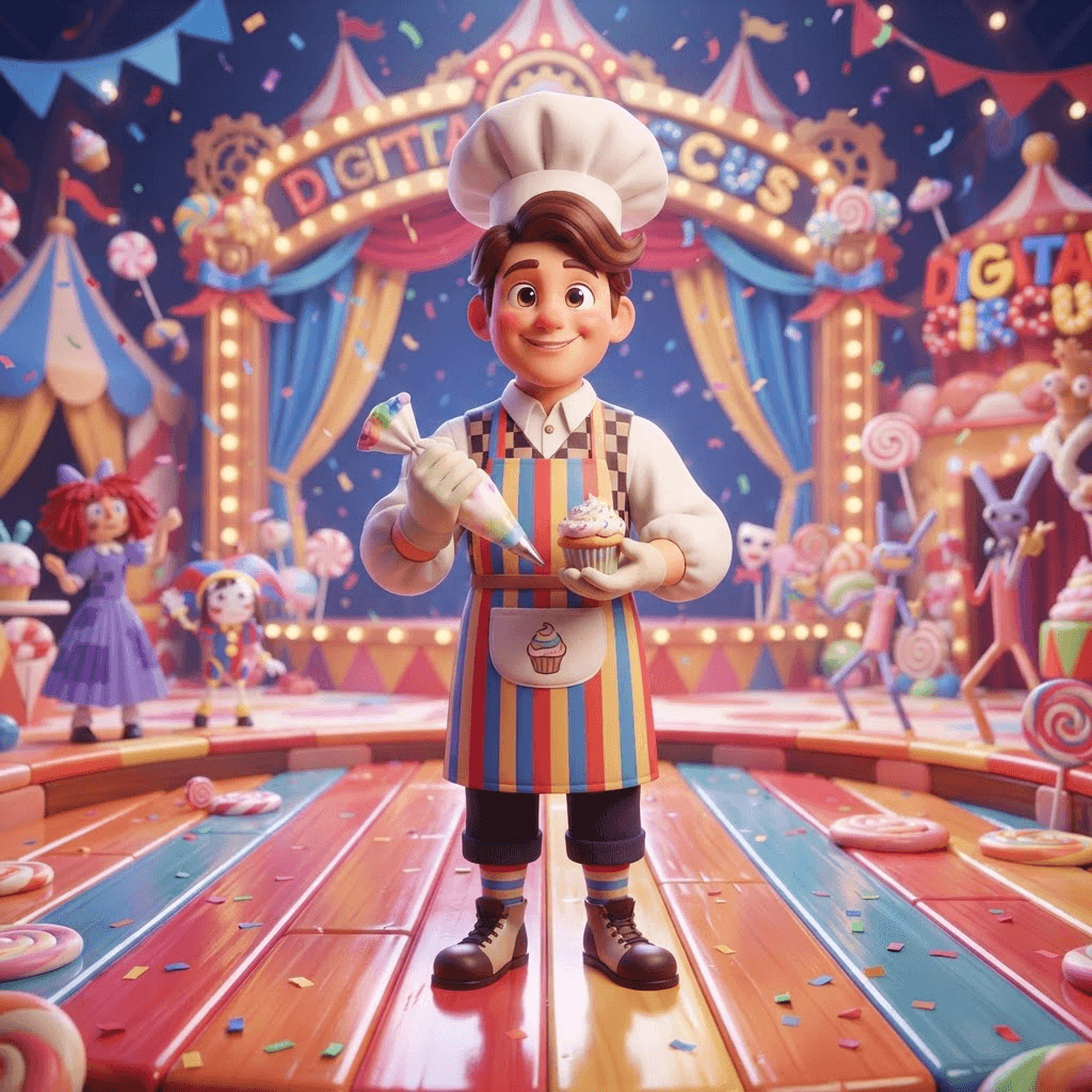Abel from The Amazing Digital Circus, friendly cartoon baker character in an apron, candy kingdom theme, full-body portrait standing on the circus stage, glossy 3D circus style, polished expressive 3D animation, bright colorful Amazing Digital Circus environment, no text, no logo, no watermark