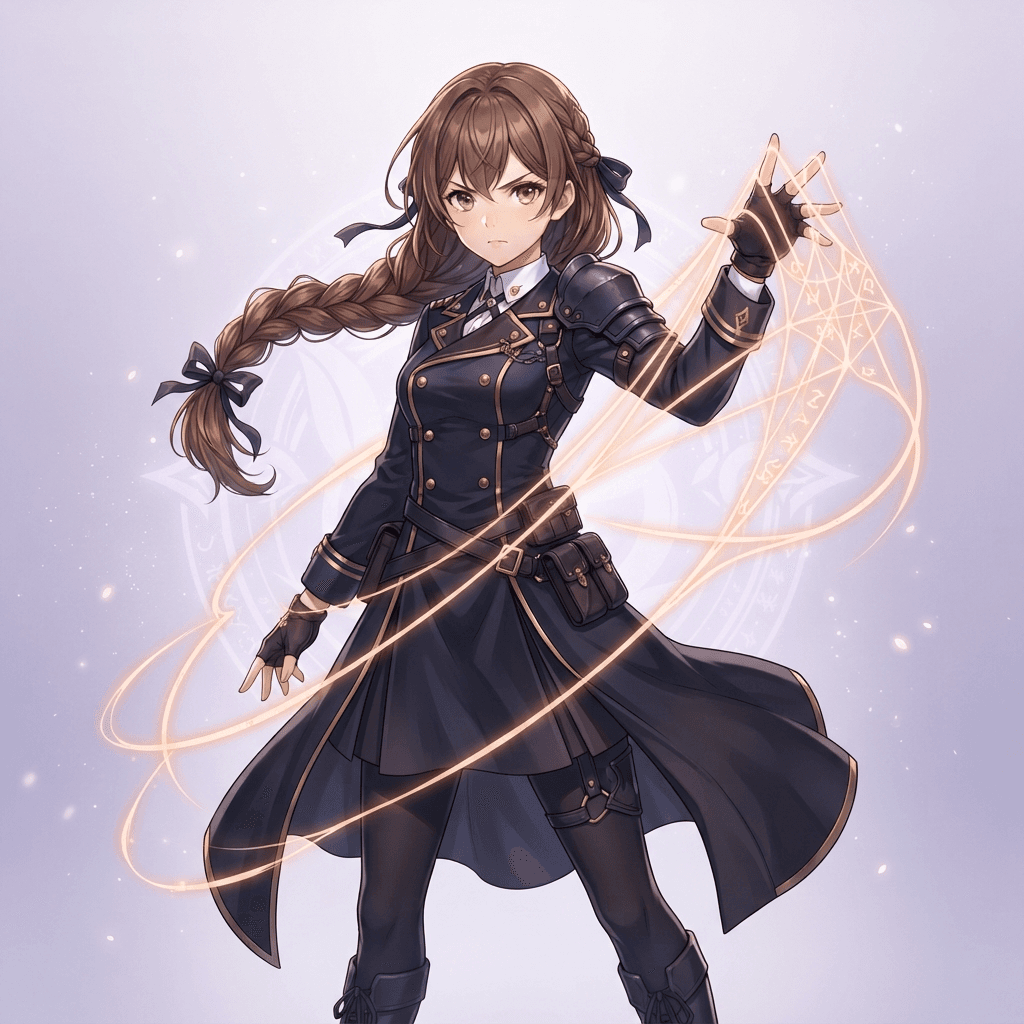 Anime illustration, 3/4 view, original sorcerer girl with braided brown hair, dark uniform with long sleeves, pale orange cursed energy trailing from her fingers like thread, soft lavender gradient studio background, vibrant, crisp lines
