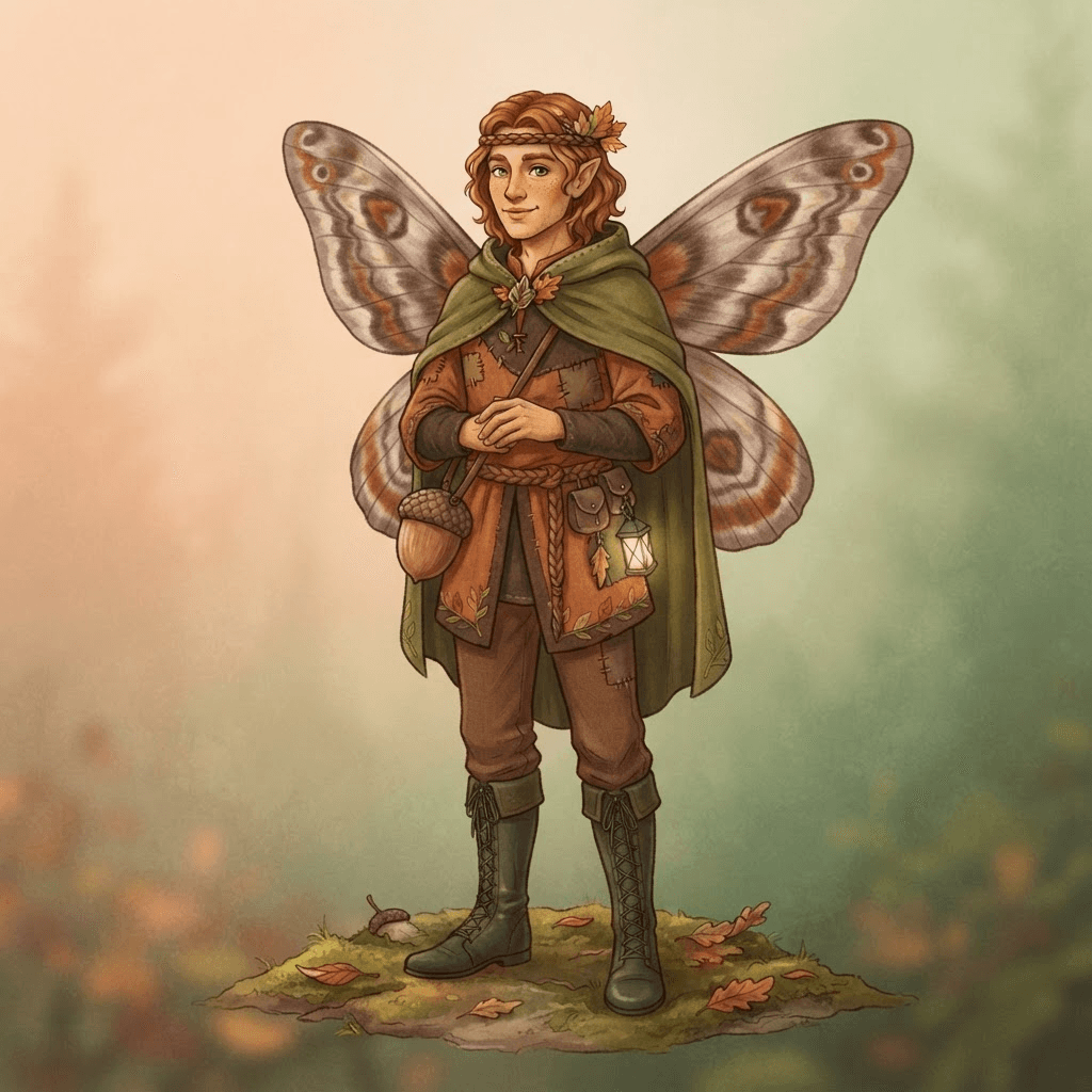 original character design of an adult male fairy fully clothed in autumn orange and brown tunic and trousers, soft moth wings, acorn satchel, full body standing pose, wholesome storybook style, clean soft gradient studio background, vibrant, crisp high detail, digital illustration, no text, no words, no watermark