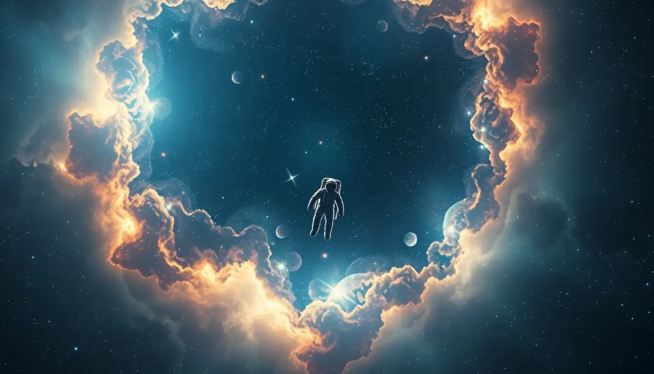 deep space galaxy, glowing nebula, astronaut floating in space, cosmic stars, cinematic lighting, ultra detailed, sci-fi atmosphere, 4k