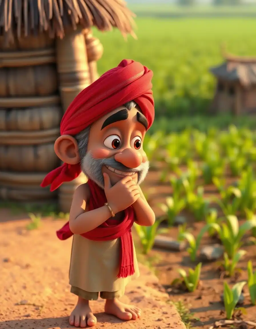 3D cartoon of Shyamu, wear red pagri ,the greedy farmer, standing near his dry field, watching Ramoo’s green field with jealous eyes. He’s scratching his chin, thinking of a plan. Warm afternoon light, consistent character style3D cartoon, Pixar-quality, warm lighting, soft textures, expressive faces, Indian rural setting, cinematic depth of field, consistent look across scenes.Lush green field background, Pixar-style, consistent character design.