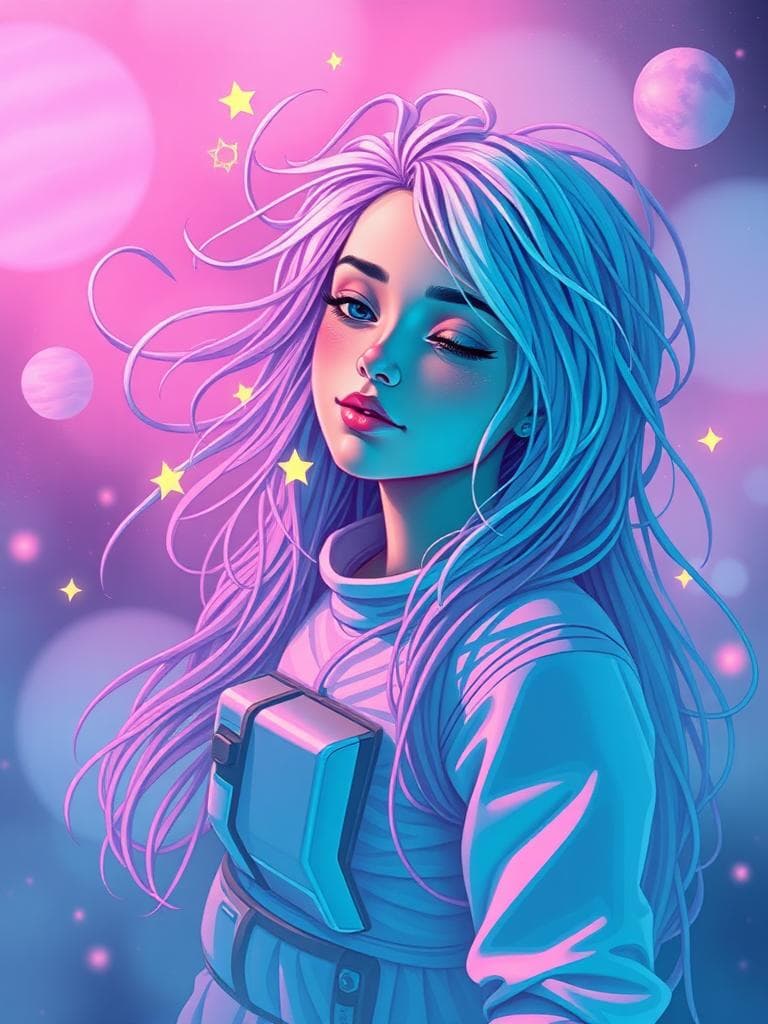 Here's a modified prompt in the Vaporwave retro art style:

"Space girl with a relaxed, far-off stare, floating in a hazy, neon-lit mist. Her long hair is a tangle of pastel-colored wires, with glitchy, pixelated stars flickering in the strands. She's surrounded by a distorted, grid-like aura, as if made of old computer code. The background is a fuzzy, VHS-style static, with softly glowing, 8-bit celestial bodies drifting by. Her space suit is a retro-futuristic jumpsuit with a faded, nostalgia-tinged sheen, reflecting the neon colors of the mist. Her face is calm, with a hint of curiosity, and a touch of analog distortion. The atmosphere is hypnotic, with a pulsing, synthwave-inspired light that seems to come from an old computer screen."