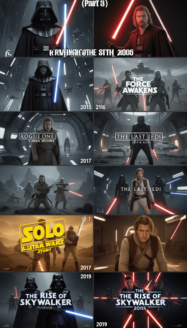 MUST WATCH Sci-fi & Action movie: (Part 3) 
6.Revenge of the Sith (2005)
7.The Force Awakens (2015)
8.Rogue One: A Star Wars Story (2016)
9.The Last Jedi (2017)
10 Solo: A Star Wars Story (2018)
11.The Rise of Skywalker (2019)
Generate image and Convert to   releted with movie photos with best quality