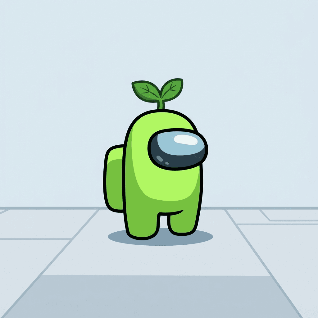 Among Us game style chibi crewmate bean, lime green suit with leaf sprout on head, armless rounded bean, glossy visor, flat cartoon game art, clean background