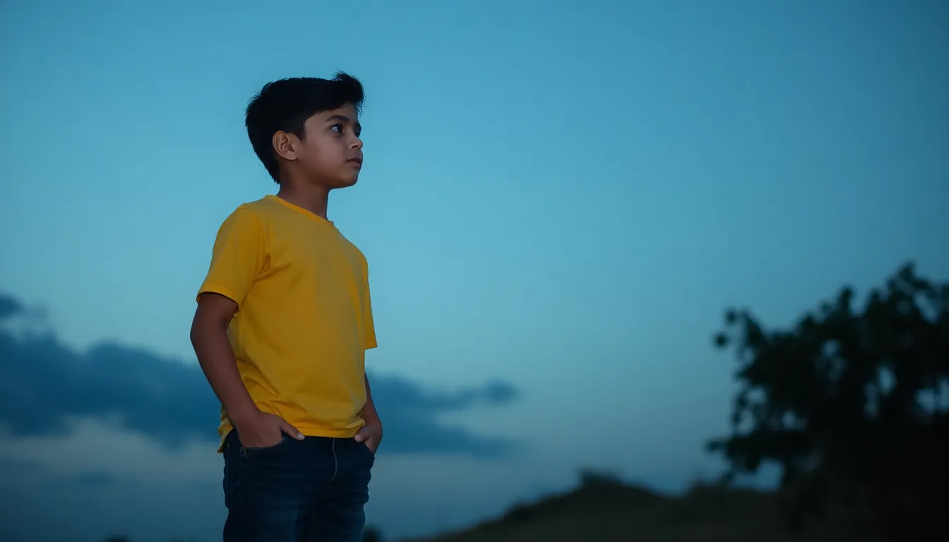 A young boy25 ye is standing alone under the open sky in a natural outdoor setting. The sky is slightly dark with a soft twilight vibe, creating a moody atmosphere. The boy is wearing a casual yellow t-shirt and dark jeans, looking thoughtful while gazing at the horizon. The background shows subtle clouds and fading light, adding a cinematic and emotional tone to the scene.