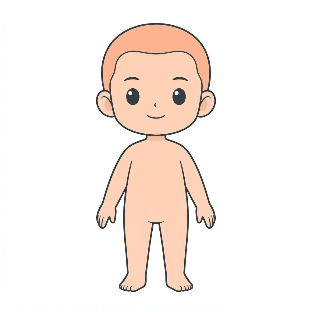 chibi character body base reference, short round proportions, big head, full body front view, neutral pose, flat peach colour, simple line art, flat shading, white background, clean template, clean soft gradient studio background, vibrant, crisp high detail, digital illustration