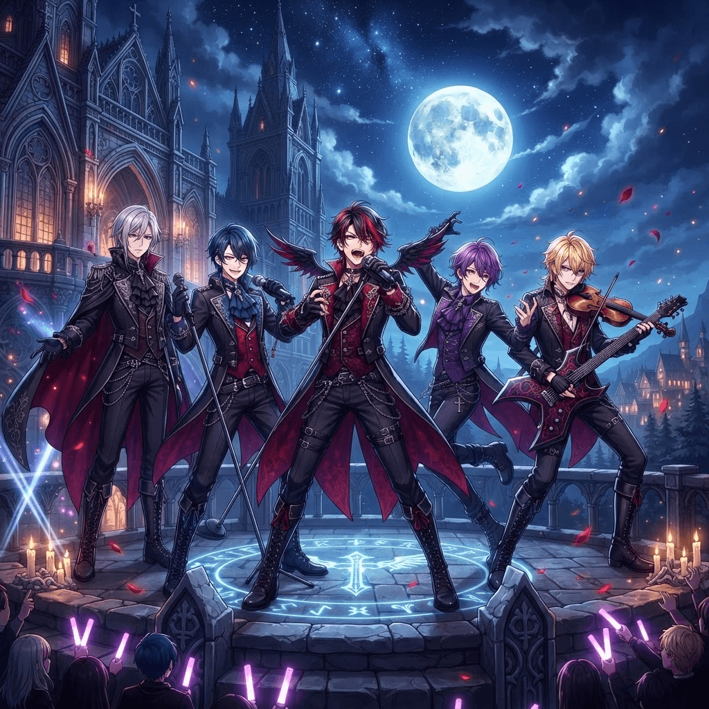 anime style boy group of five idols, dark fantasy vampire concept, coordinated gothic outfits, dramatic moonlit night sky, crisp high detail, digital anime illustration