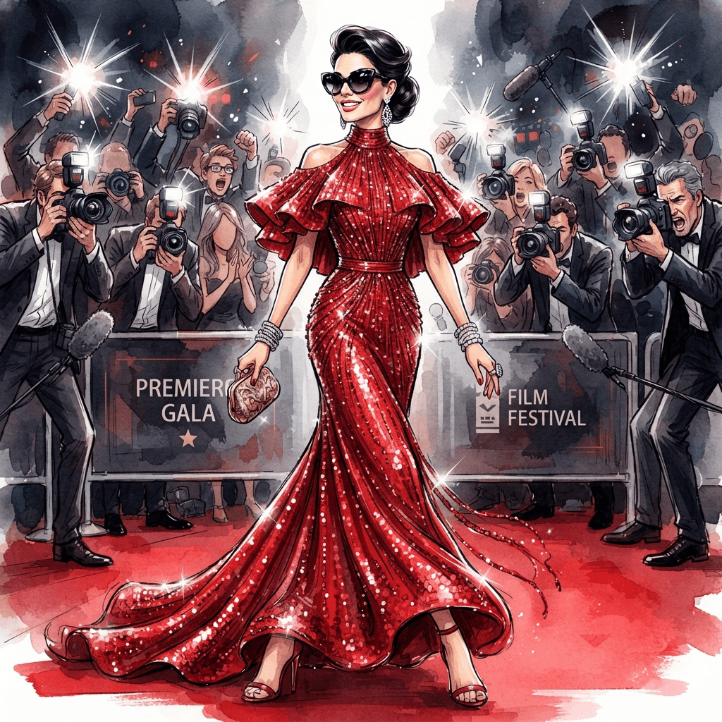 movie star fashion, red carpet gown, oversized sunglasses, paparazzi glamour, styled with statement accessories, fashion illustration, full body