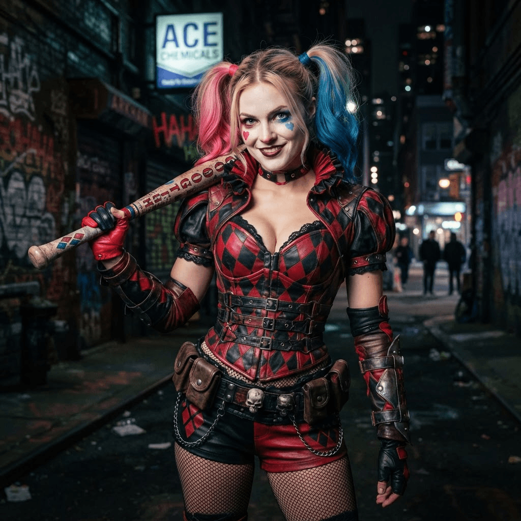 a harlequin themed antihero in red and black diamond pattern with blonde pigtails dyed pink and blue, cosplay portrait, waist up, detailed costume