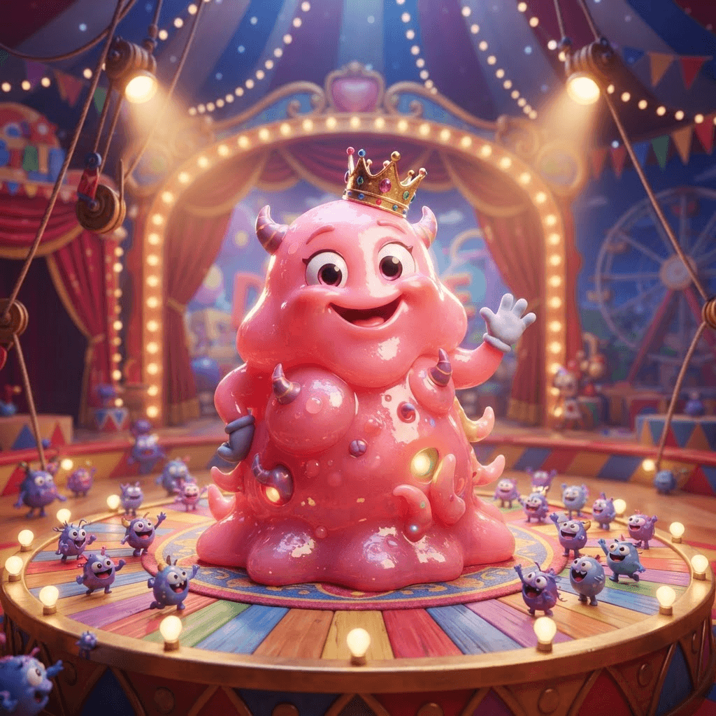 Gloink Queen from The Amazing Digital Circus, large friendly pink blob monster queen wearing a small golden crown, full-body portrait standing on the circus stage, glossy 3D circus style, polished expressive 3D animation, bright colorful Amazing Digital Circus environment, no text, no logo, no watermark